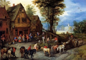 Rococo Painting - Breughel Jan A Village Street With The Holy Family Arriving At An Inn Rococo